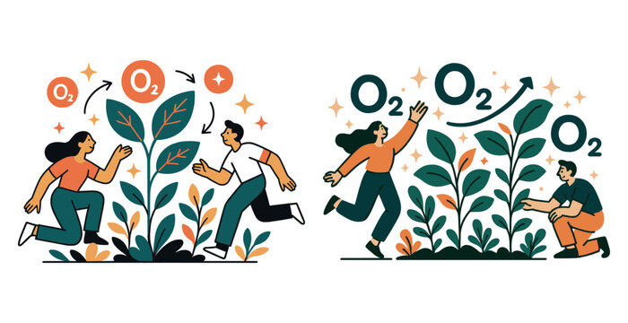 Illustrations of oxygen cycle with young adults in nature
