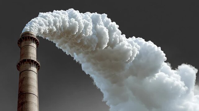 Large chimney is spewing smoke into the sky. The smoke is thick and white, and it is billowing out of the top of the chimney. The scene is ominous and foreboding