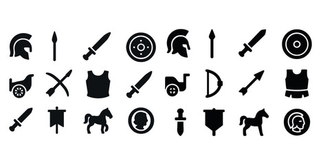 Set of ancient warfare icons: helmets, shields, weapons, and armor