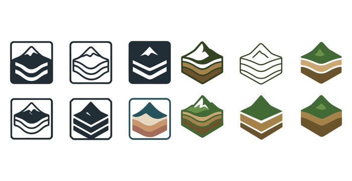 Geometric mountain and terrain icons in various styles and colors