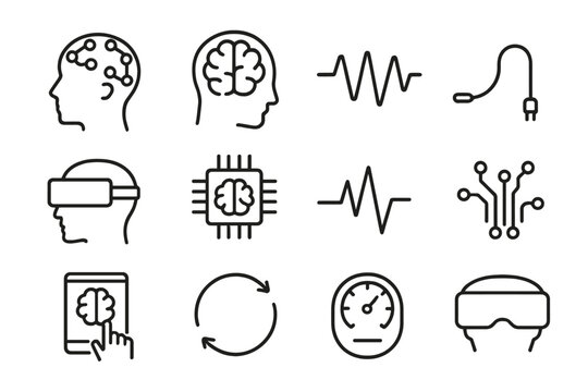 Human Brain Interface Icons. Human brain interface. Line icon set of human brain interface: head profile, electrode nodes, brainwave signal, sensor cable, VR