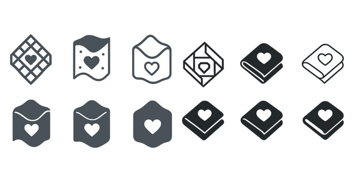 Set of love-themed envelope and letter icons with heart symbol in various styles