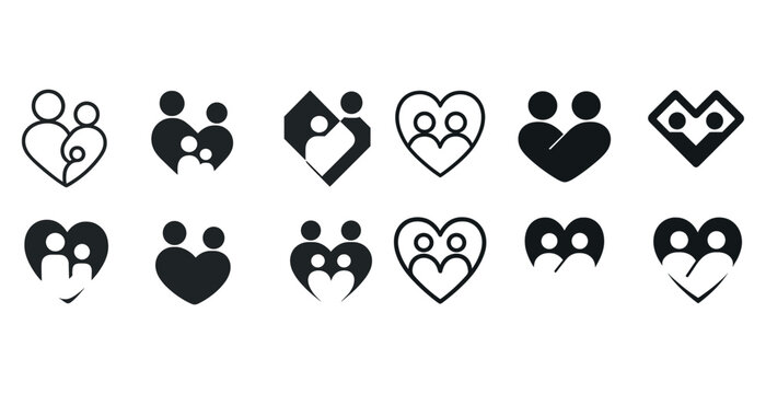 Collection of family and love symbol icons with parental and child figures