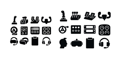 Black game controller icons: joysticks, pedals, vr headsets, steering wheels, audio gear