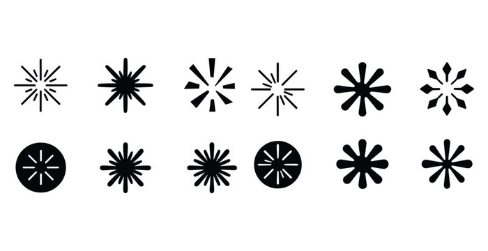 Collection of black geometric starburst and asterisk symbols on white background