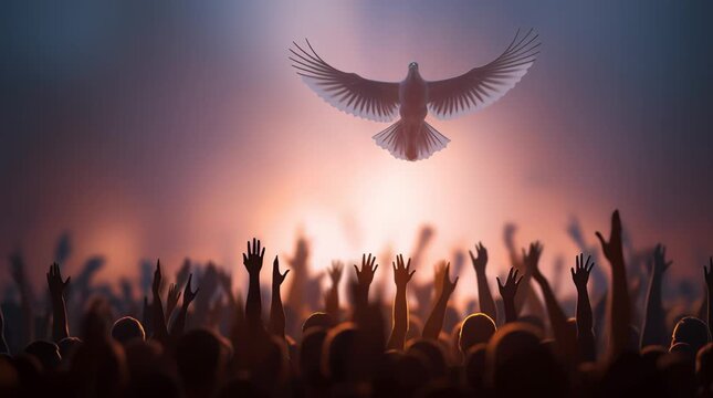 Crowd of people raising hands worshiping the Holy Spirit flying over the crowd of believers	
