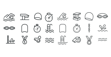 Swimming icon set: pool equipment, stopwatch, whistle, medal, goggles, water waves