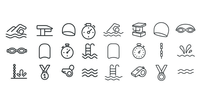 Swimming icon set: pool equipment, stopwatch, whistle, medal, goggles, water waves