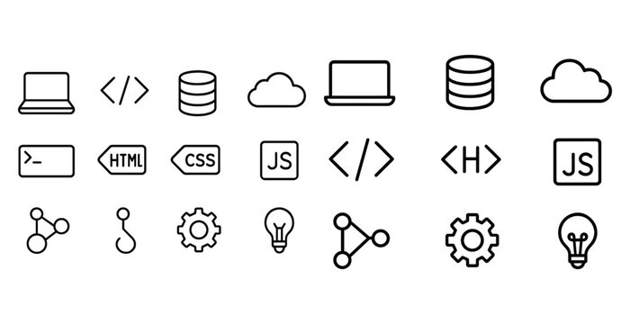 Icon set featuring technology, coding, and cloud symbols