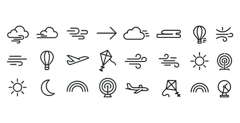 Fototapeta premium Weather and aviation icons: clouds, wind, hot air balloon, airplane, kite, sun, moon