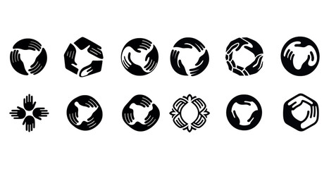 Set of hand-symbol logos depicting unity and inclusion in black and white illustrations