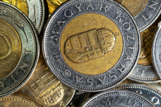 Hungarian forint coins, current currency (HUF), depicting the Chain Bridge