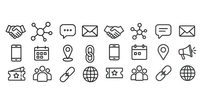 Set of communication and networking line icons for digital interfaces