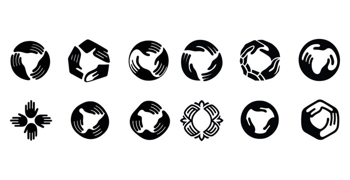 Set of hand-symbol logos depicting unity and inclusion in black and white illustrations
