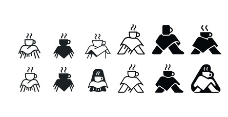 Creative coffee cup and blanket character icons in various styles