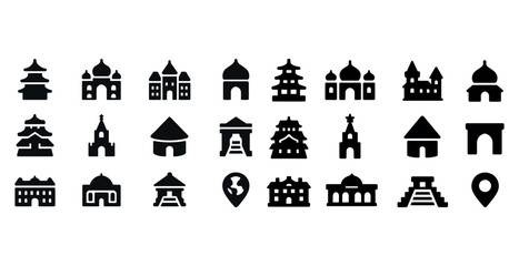 Set of various monument icons featuring global architectural styles