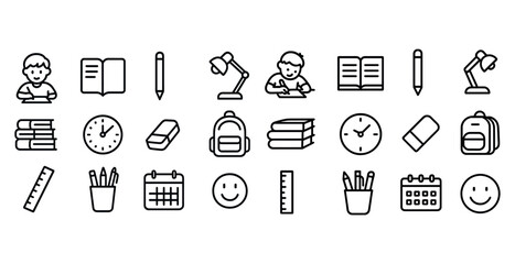 Outline icons of study tools and activities for students and learners