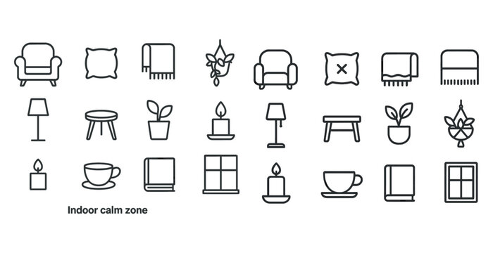 Minimalist indoor calm zone icons: furniture, plants, decor, and more