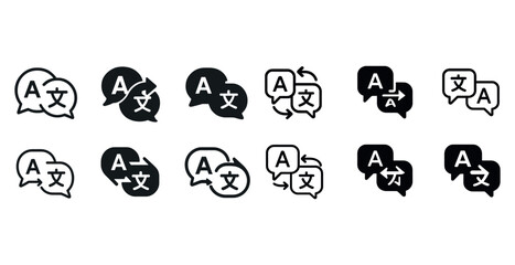 Black and white language translation icons with speech bubbles and arrows