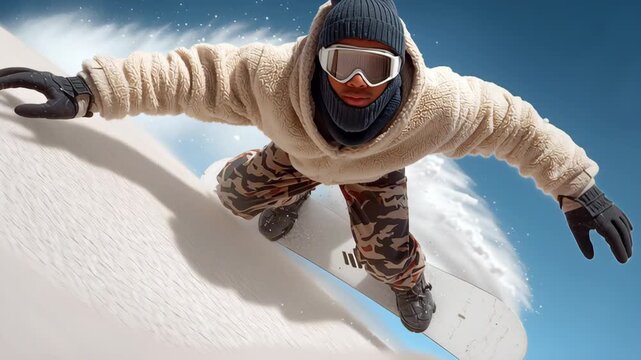 Snowboarder is in the air, with his arms outstretched. The snowboarder is wearing a white jacket and a black hat. The snowboarder is in the middle of a snow-covered slope