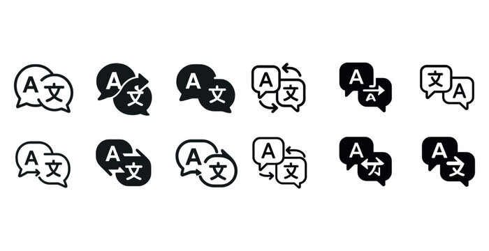Black and white language translation icons with speech bubbles and arrows