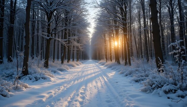 Snowy path through a winter forest with sunlight streaming through trees