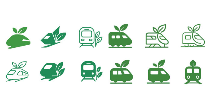 Eco-friendly train icons with leaf motifs in various green designs