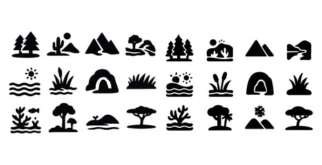Obraz premium Black silhouette nature icons featuring trees, mountains, and water elements