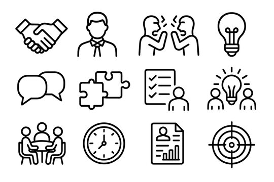 Workplace Mediation Icons. Workplace mediation. Line icon set of Workplace mediation: handshake, mediator, two people arguing, lightbulb, speech bubbles,