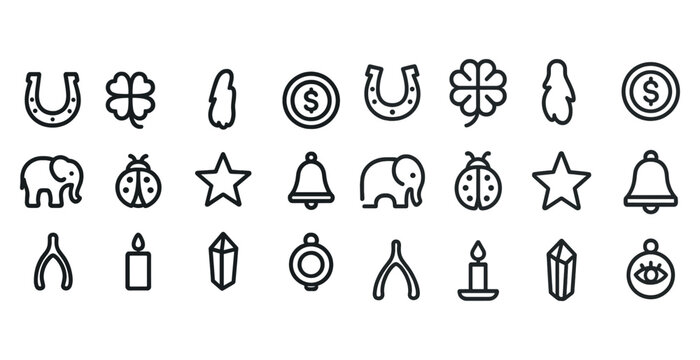 Collection of good luck icons featuring horseshoes, clovers, elephants, and stars