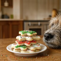 A curious dog sniffs a stack of star-shaped sugar cookies decorated with colorful icing and sprinkles, creating a warm and inviting scene in a cozy kitchen 