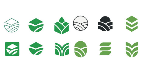 Collection of various green and black agricultural icons and symbols