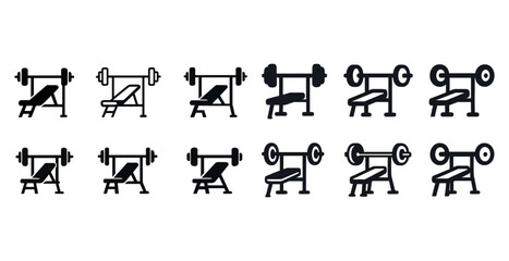 Set of silhouette bench press icons with variations in weight and bench type