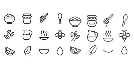 Minimalistic icons of food, beverages, and nature including honey, coffee, and lemon