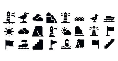 Obraz premium Nautical silhouettes: lighthouses, seagulls, waves, ships, flags, clouds, sun
