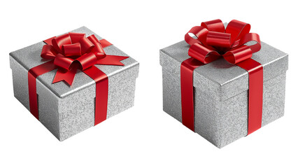 Obraz premium Silver Glitter Christmas Gift Box with Red Ribbon Photorealistic PNG isolated transparent background, editable vector artwork ai illustration file, Christmas gift box photorealistic 