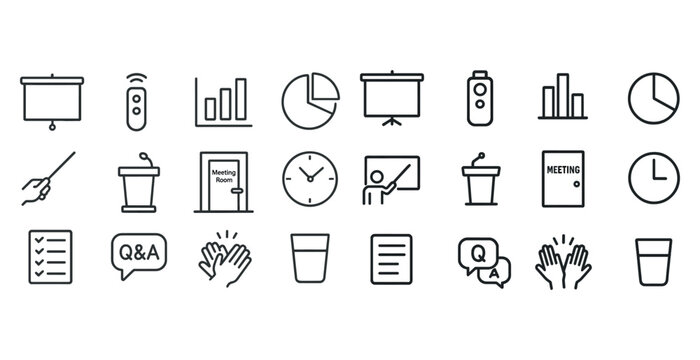 Office presentation and meeting icons: charts, projector, podium, clock, q&a, applause