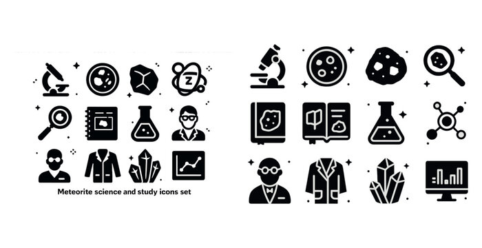Meteorite science and study icons set with microscopes and laboratory elements