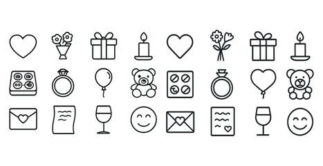 Line art icons: gifts, love, and celebration symbols