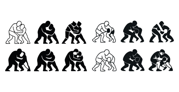 Monochrome wrestling silhouettes: diverse grappling techniques and stances