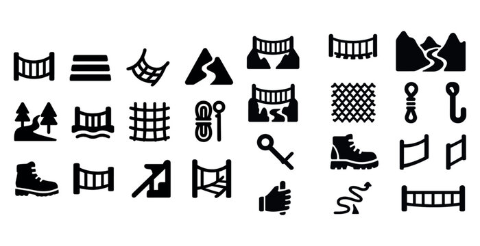 Collection of adventure and outdoor icon illustrations featuring mountains, footwear, and gear