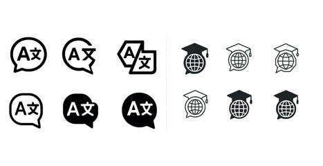 Language translation and education icon set: speech bubbles and graduation caps