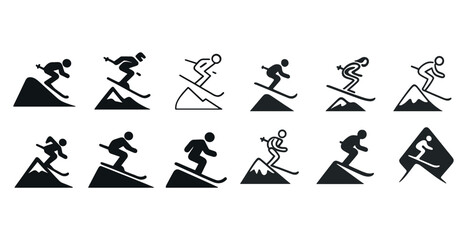 Fototapeta premium Monochrome minimalist skiing and snowboarding icon set on various slopes
