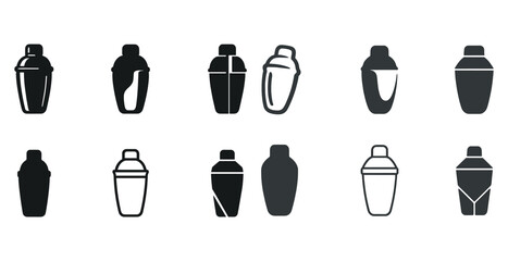 Set of various cocktail shaker icons in black and white designs