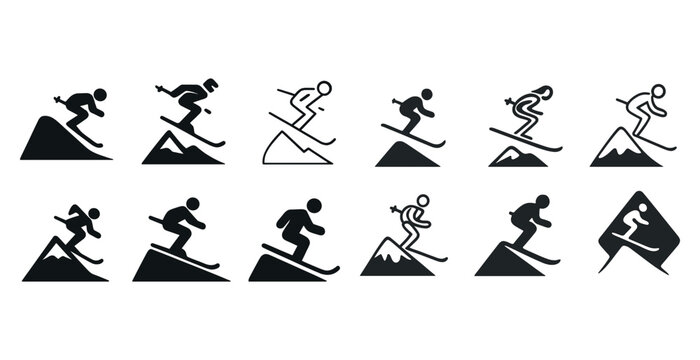 Monochrome minimalist skiing and snowboarding icon set on various slopes