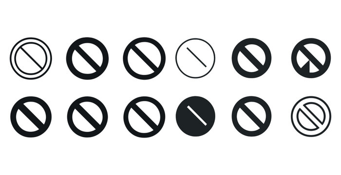 Set of prohibition warning signs in black circular shapes