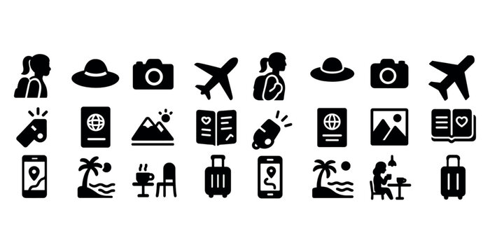 Travel icons collection: planes, luggage, passports, cameras, beaches, maps