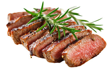 Sliced steak, seasoned and garnished with fresh rosemary