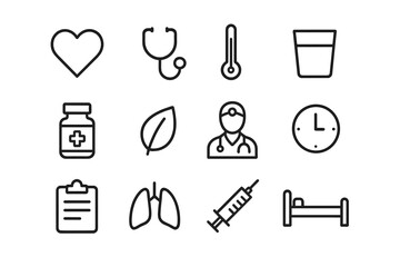 Obraz premium Personal Health Icons. Personal health. Line icon set of personal health: heart, stethoscope, thermometer, water glass, medicine bottle, leaf, doctor, clock,