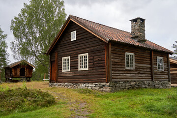  "Aged Wooden Log Cabin Nestled in the Picturesque Sigdal Skanzen, Close to Prestfoss, Norway"